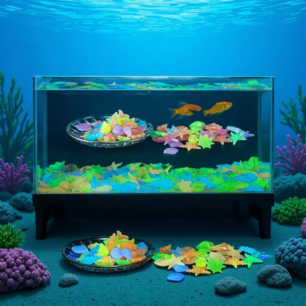 Aquarium Planting Ideas - 빛나는 해양석, 형광 조개껍데기, 화려한 불가사리